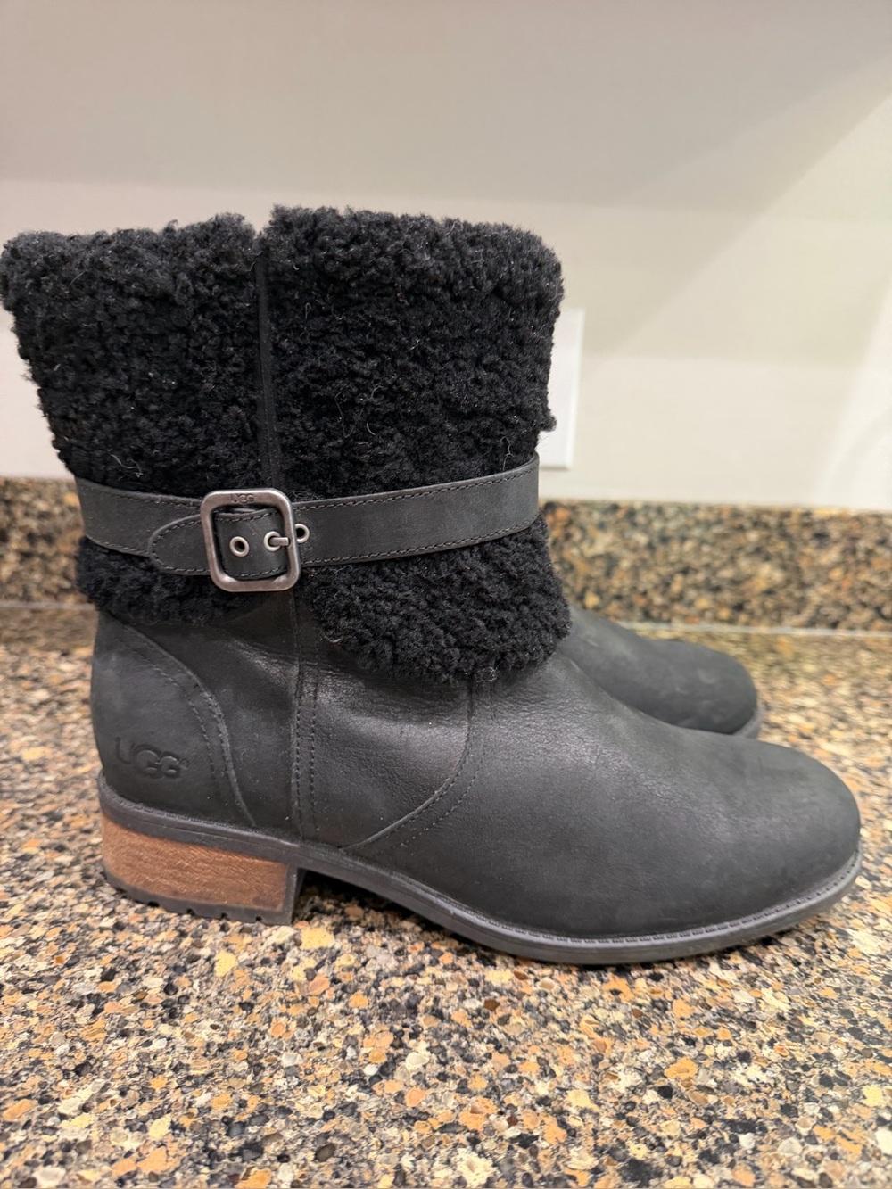 UGG Black Leather & Shearling Buckle Boot 11
